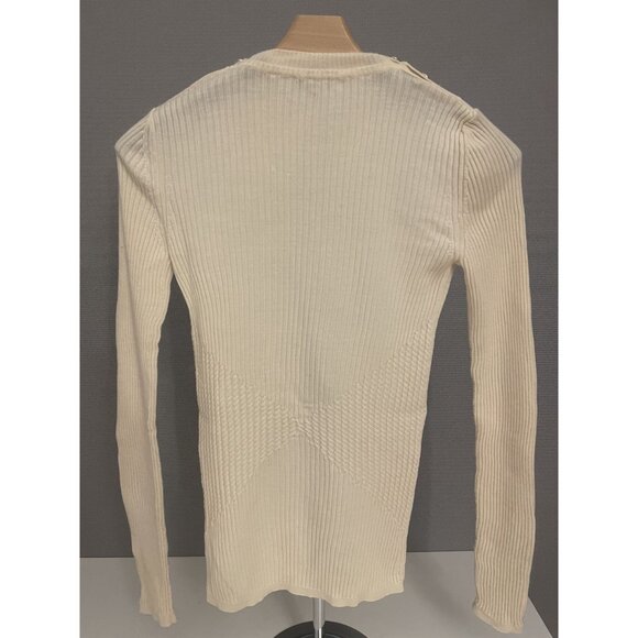 Chanel Cream Ribbed Knit Sweater With Button Shoulder Detail & Textured Design - Picture 2 of 15